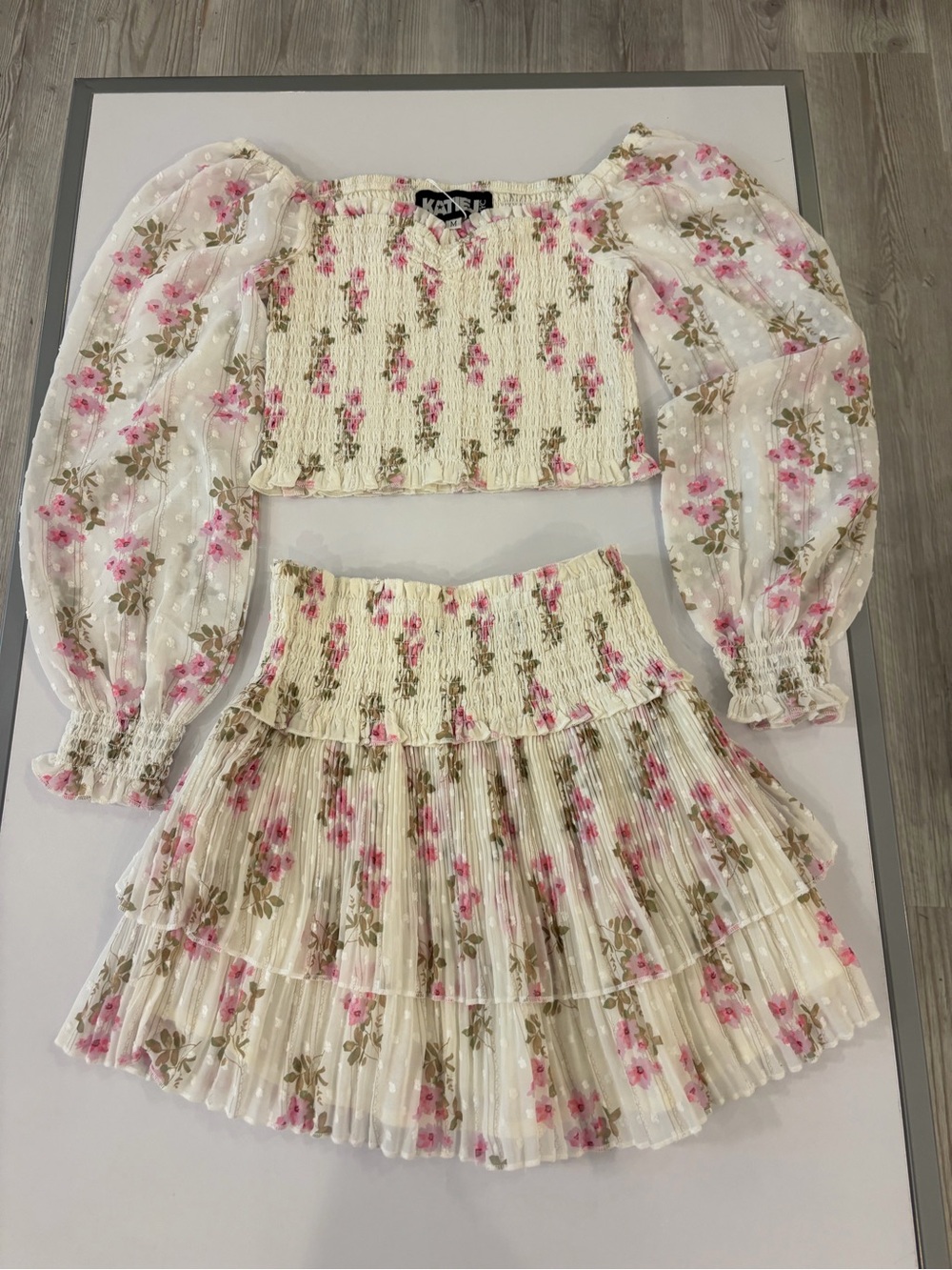 KATIE J NYC Floral Cream Pink Smocked Mini Skirt AND Top